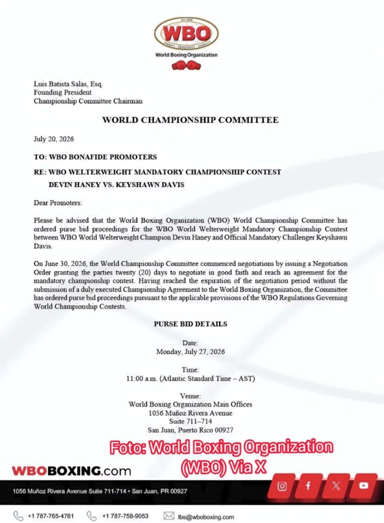 Dokumen resmi WBO purse bid Devin Haney vs Keyshawn Davis
