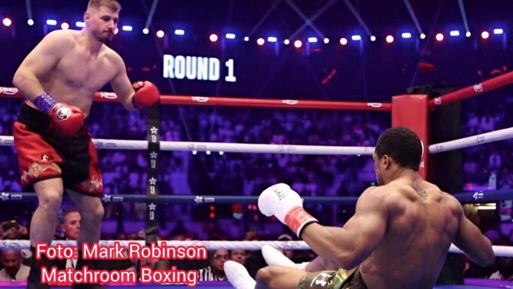 Joshua di pukul jatuh 2 kali sebelum bangkit KO Prenga
