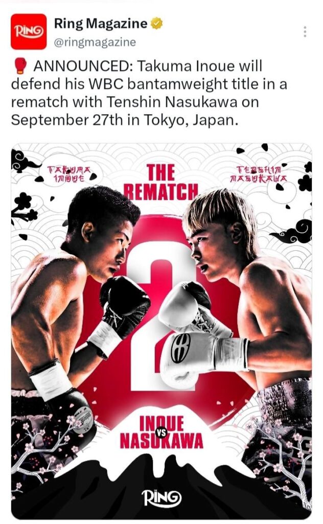Poster resmi dari Ring Magazine Takuma Inoue vs Tenshin Nasukawa di rematch