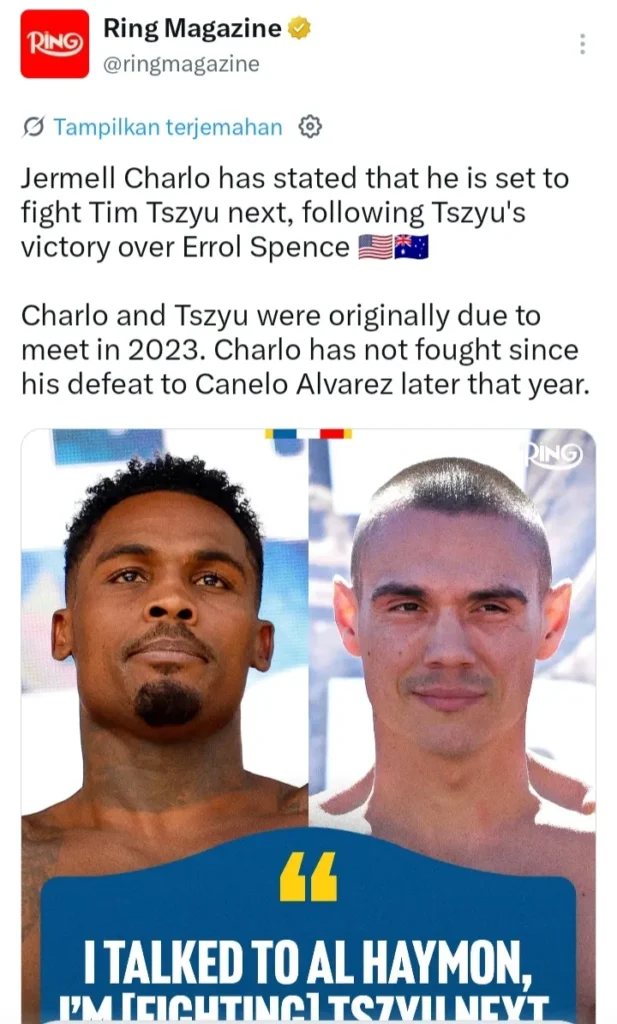 postingan Ring Magazine duel Jermell Charlo vs Tim Tszyu