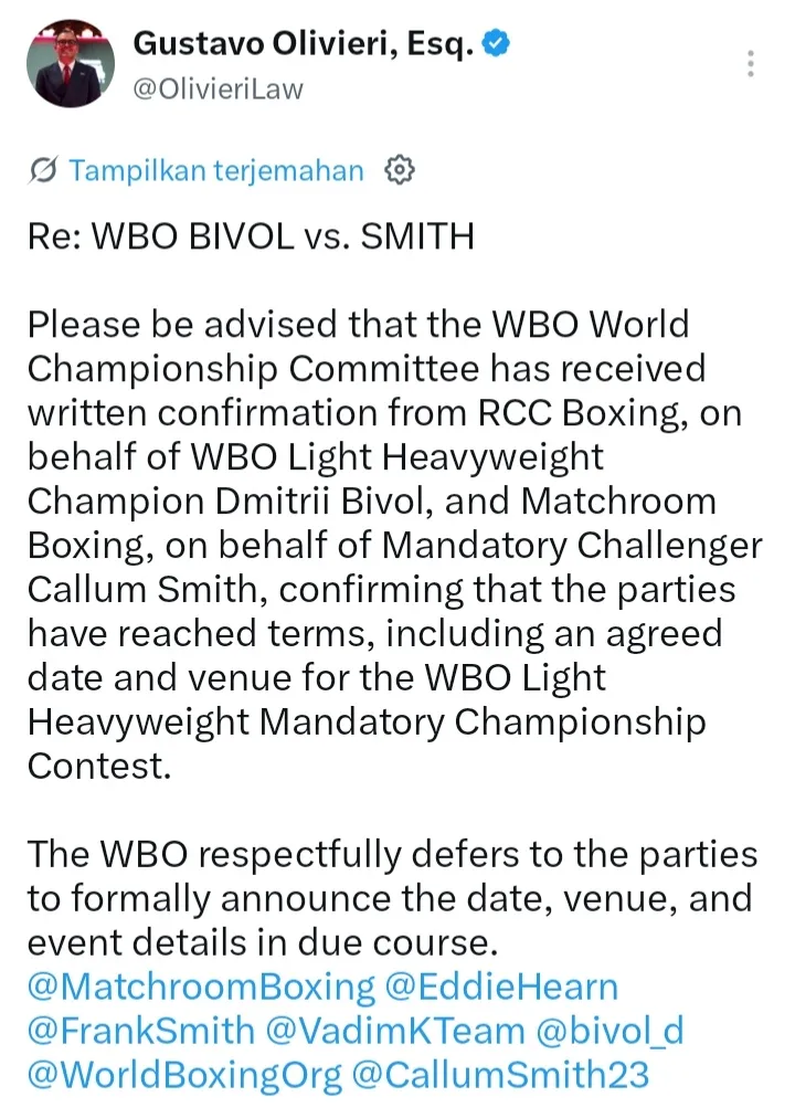 Pengumuman resmi Bivol dan Smith setelah capai kesepakatan