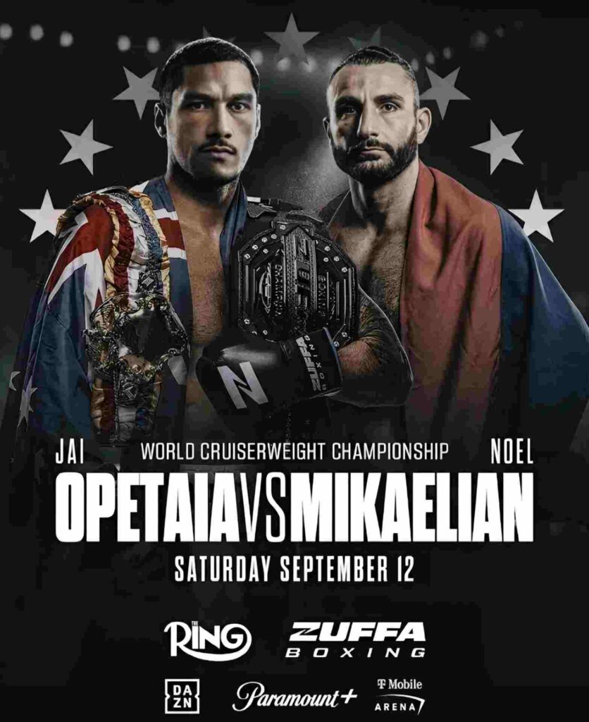 Poster resmi Zuffa Boxing pertarungan Opetaia melawan Mikaelian