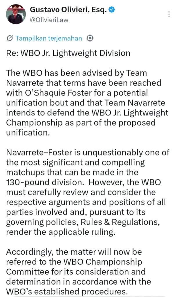 pernyataan resmi presiden WBO tentang duel unifikasi Navarrete vs Foster