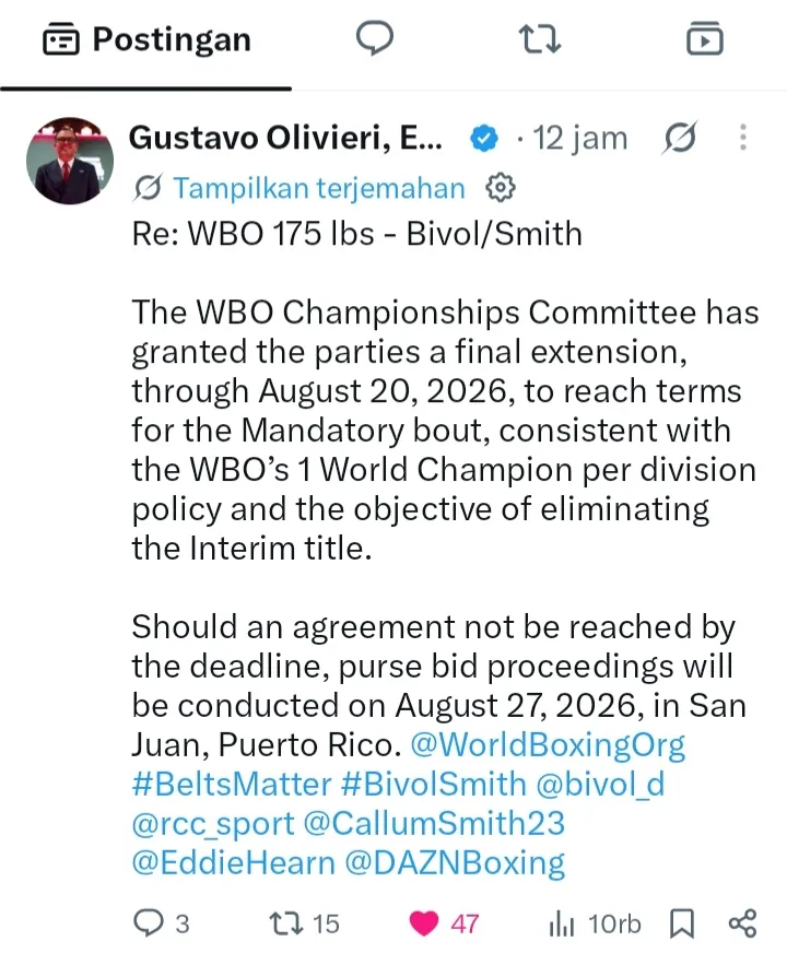 Pengumuman resmi dari presiden WBO purse bid Bivol vs Smith