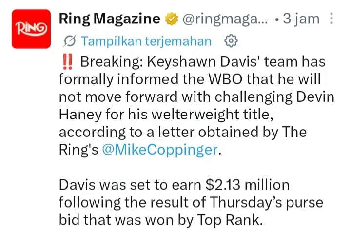 Postingan Ring Magazine mundur Davis dari Haney