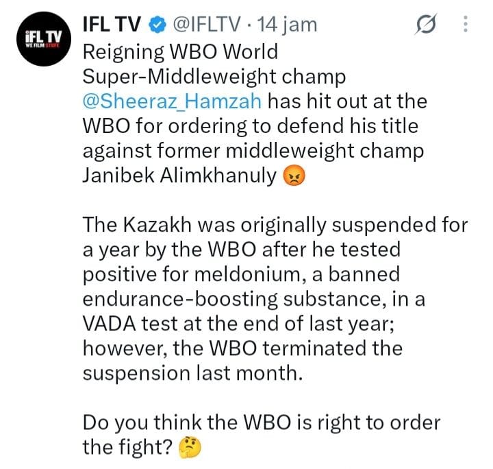 IFL TV memposting kritikan Hamzah Sheeraz yang di tunju WBO lawan Janibek