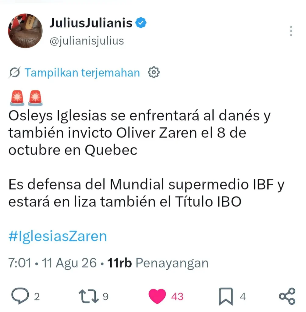 Postingan Julianis yang mengabarkan duel Iglesias vs Zaren