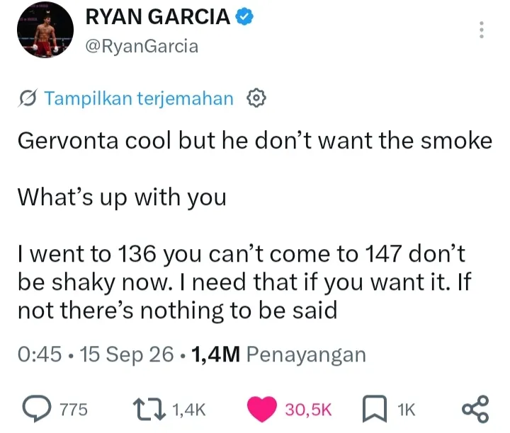 Ryan Garcia minta Tank Davis naik ke 147 pound