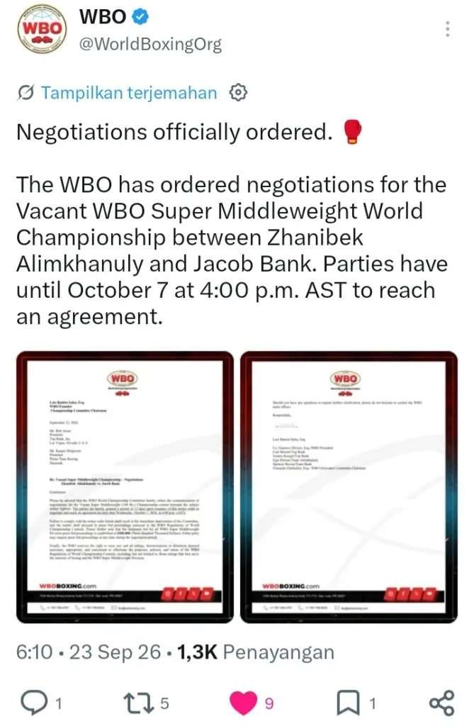Surat perintah WBO untuk Janibek melawan Jacob Bank