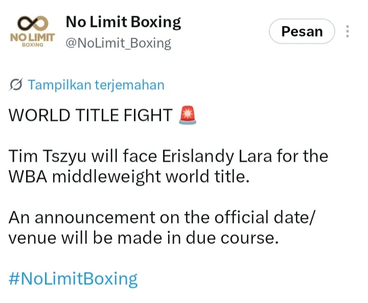 Pengumuman Lara vs Tim Tszyu