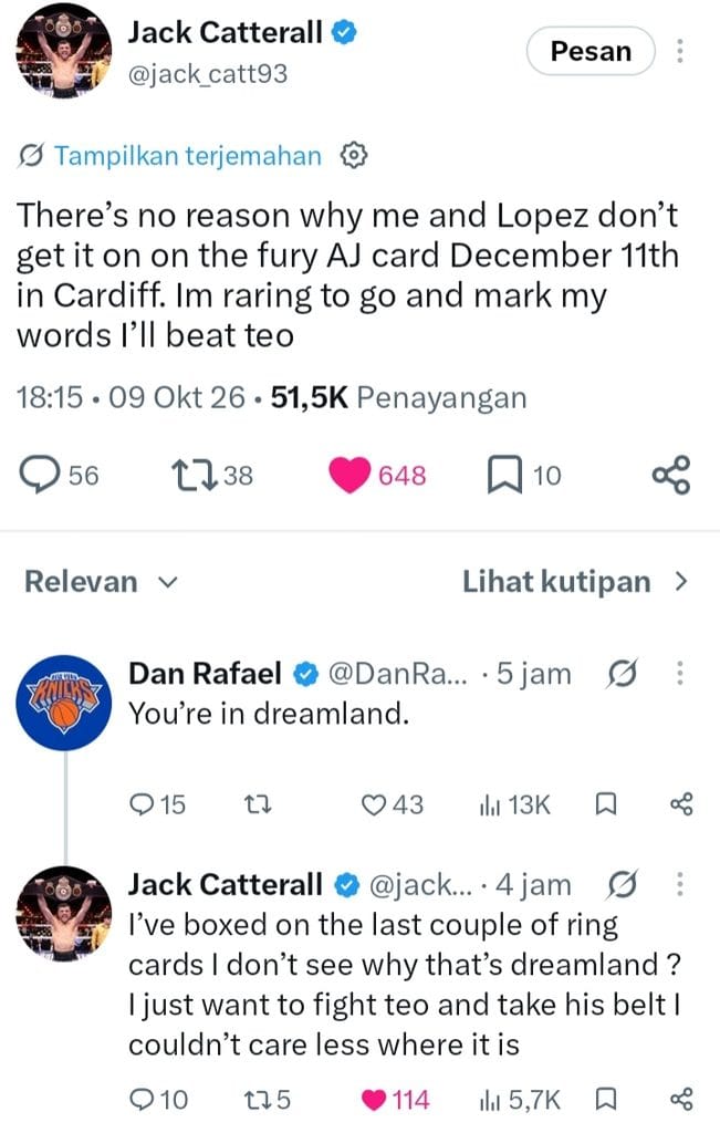 Catterall tantang Lopez di kartu Fury vs Joshua