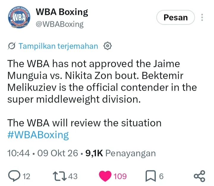 Unggahan resmi WBA untuk Munguai